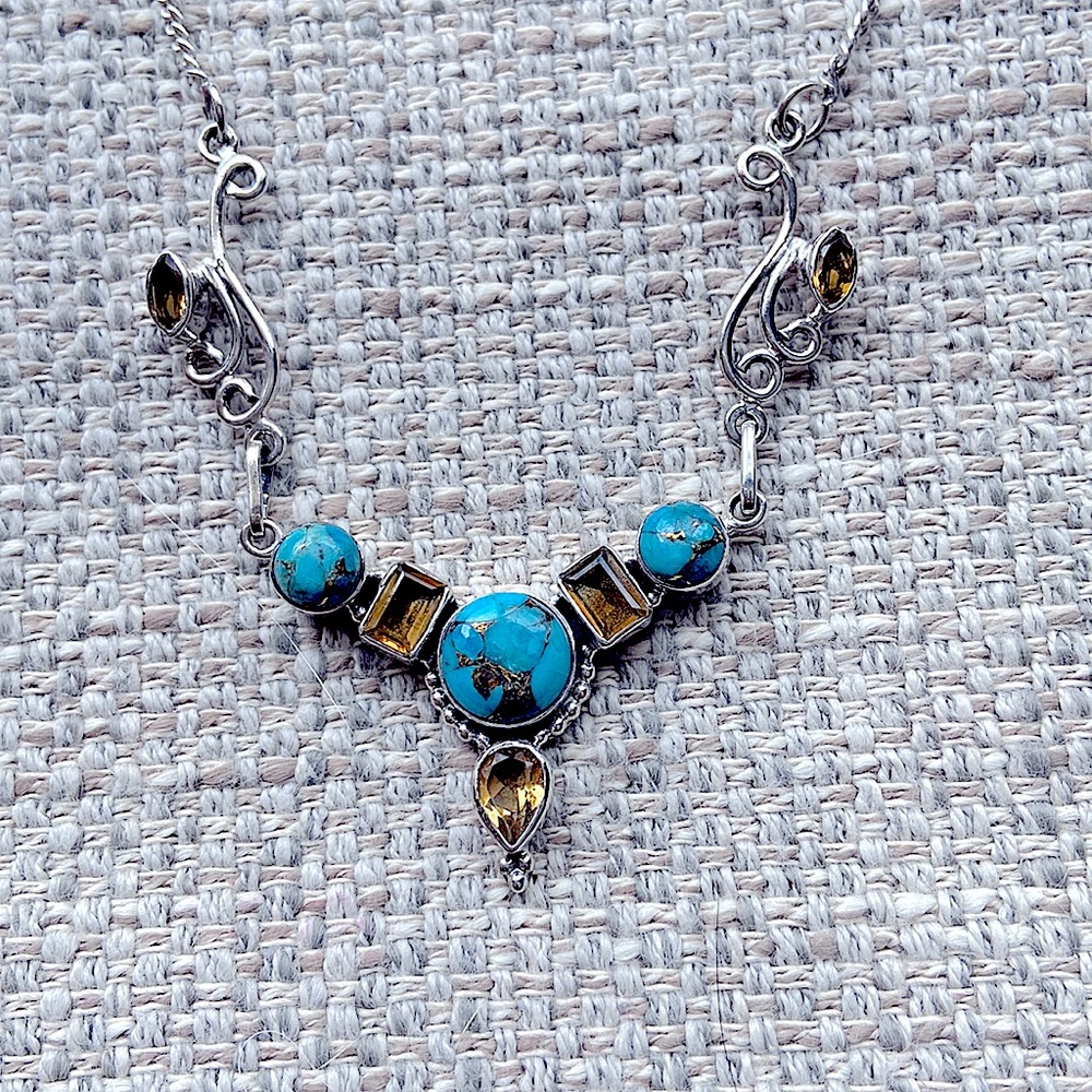 Sterling Silver Necklace with Turquoise and yellow Quartz